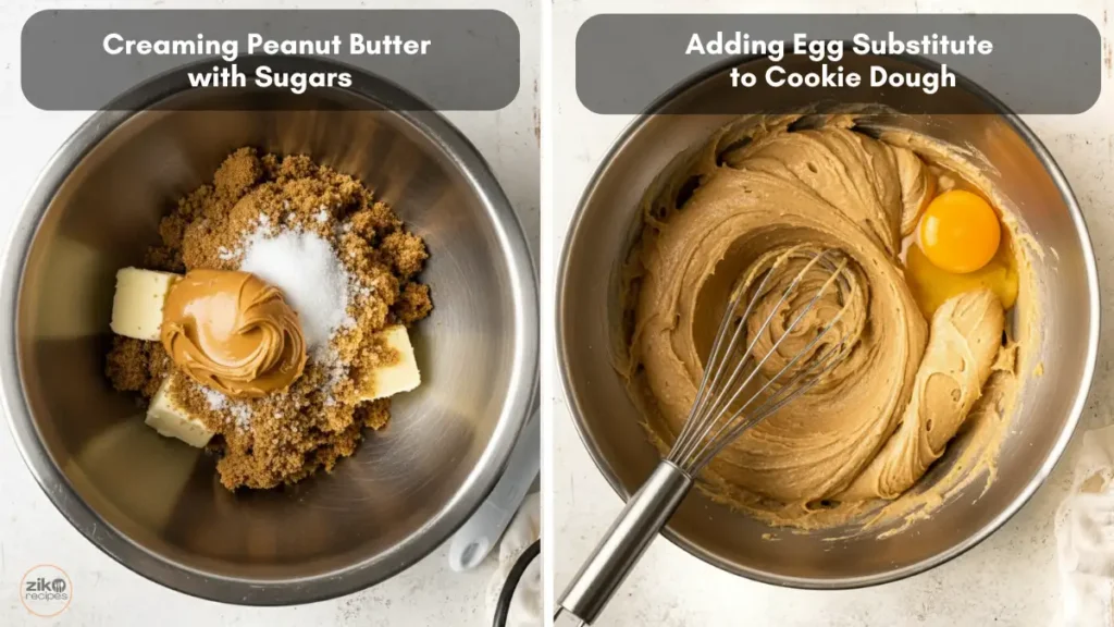 Mixing peanut butter, butter, and sugars in a bowl then adding egg substitute to create soft and chewy peanut butter cookie dough.