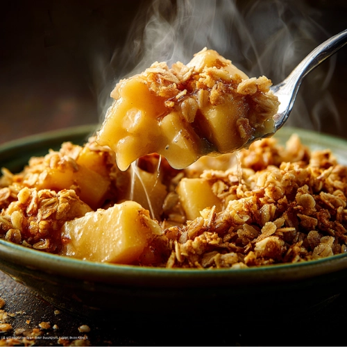 Close-up of slow cooker apple crisp, steaming apple chunks lifted on a spoon with a crunchy oat topping in a green bowl