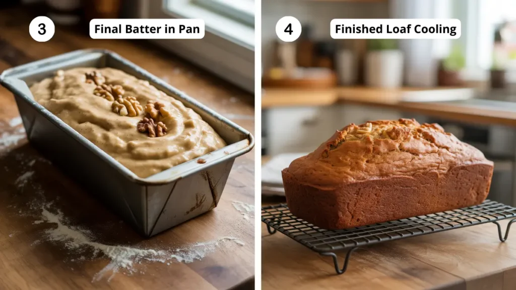 Eggless banana bread batter in loaf pan with walnuts and finished baked loaf cooling on a wire rack