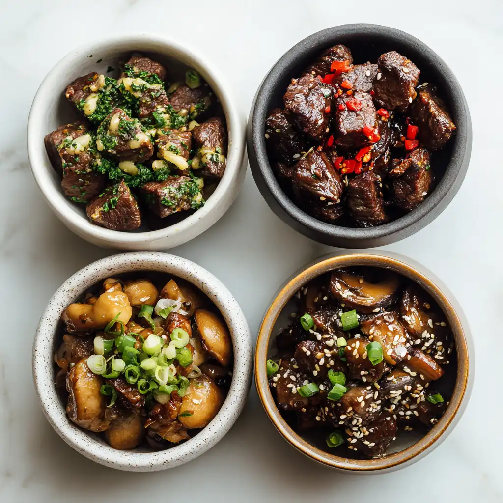 Four bowls of steak bites with different sauces and garnishes