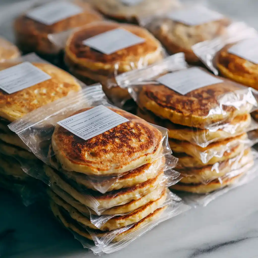 Stacks of banana cottage cheese pancakes separated with parchment paper inside labeled freezer bags.