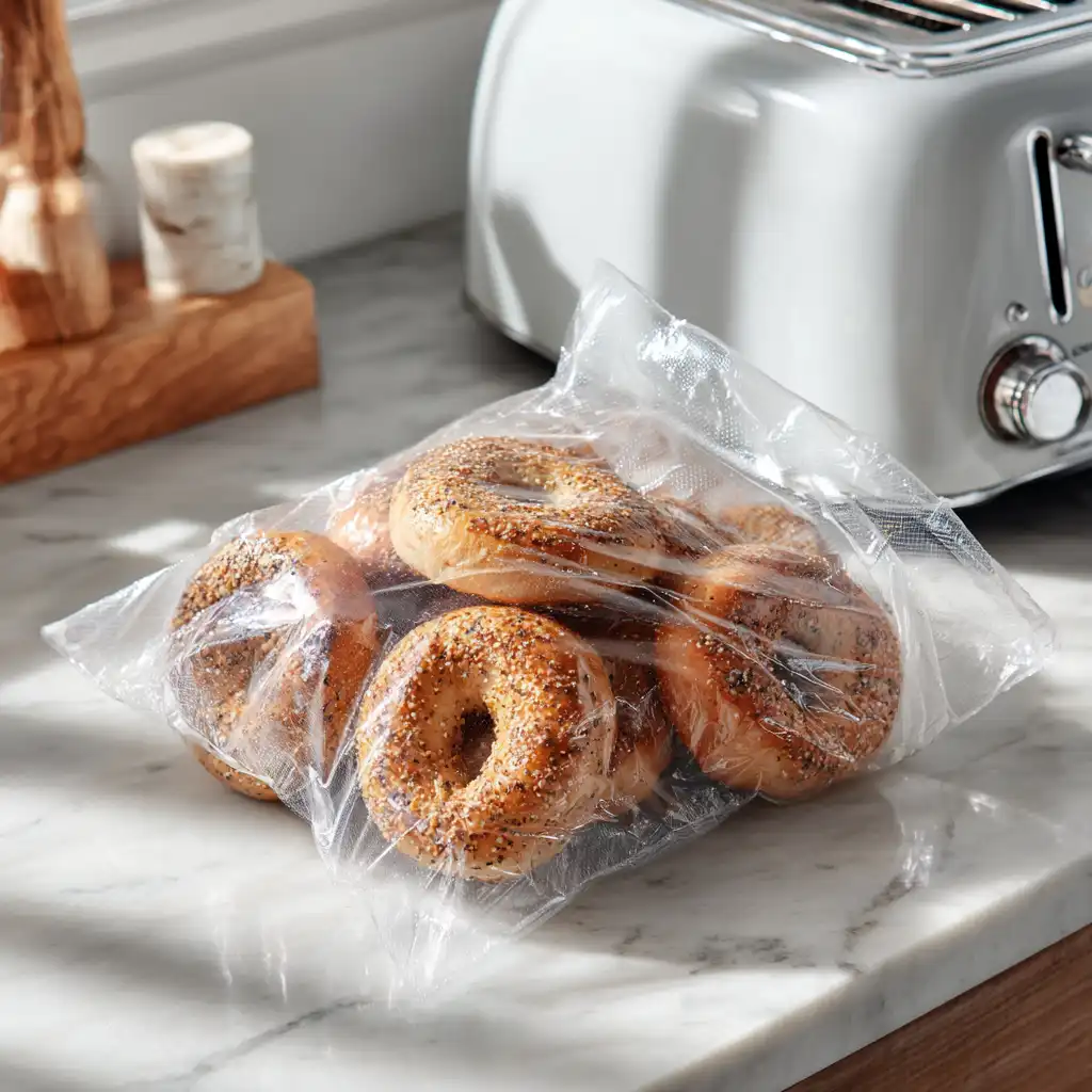 Pre-sliced protein bagels wrapped in parchment and stored in a labeled freezer bag.