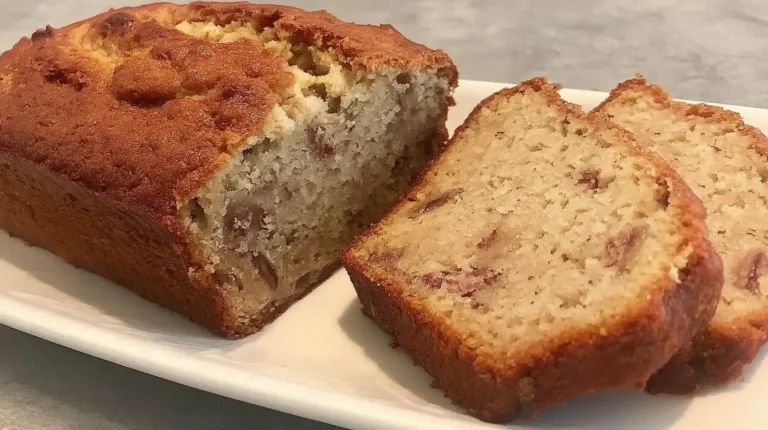 Eggless banana bread loaf sliced on a wooden cutting board.