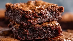 Stack of fudgy vegan brownies with shiny crackly top and chewy edges.