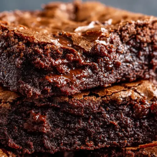Stack of fudgy vegan brownies with shiny crackly top and chewy edges.