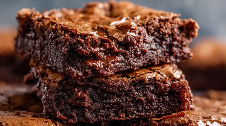 Stack of fudgy vegan brownies with shiny crackly top and chewy edges.