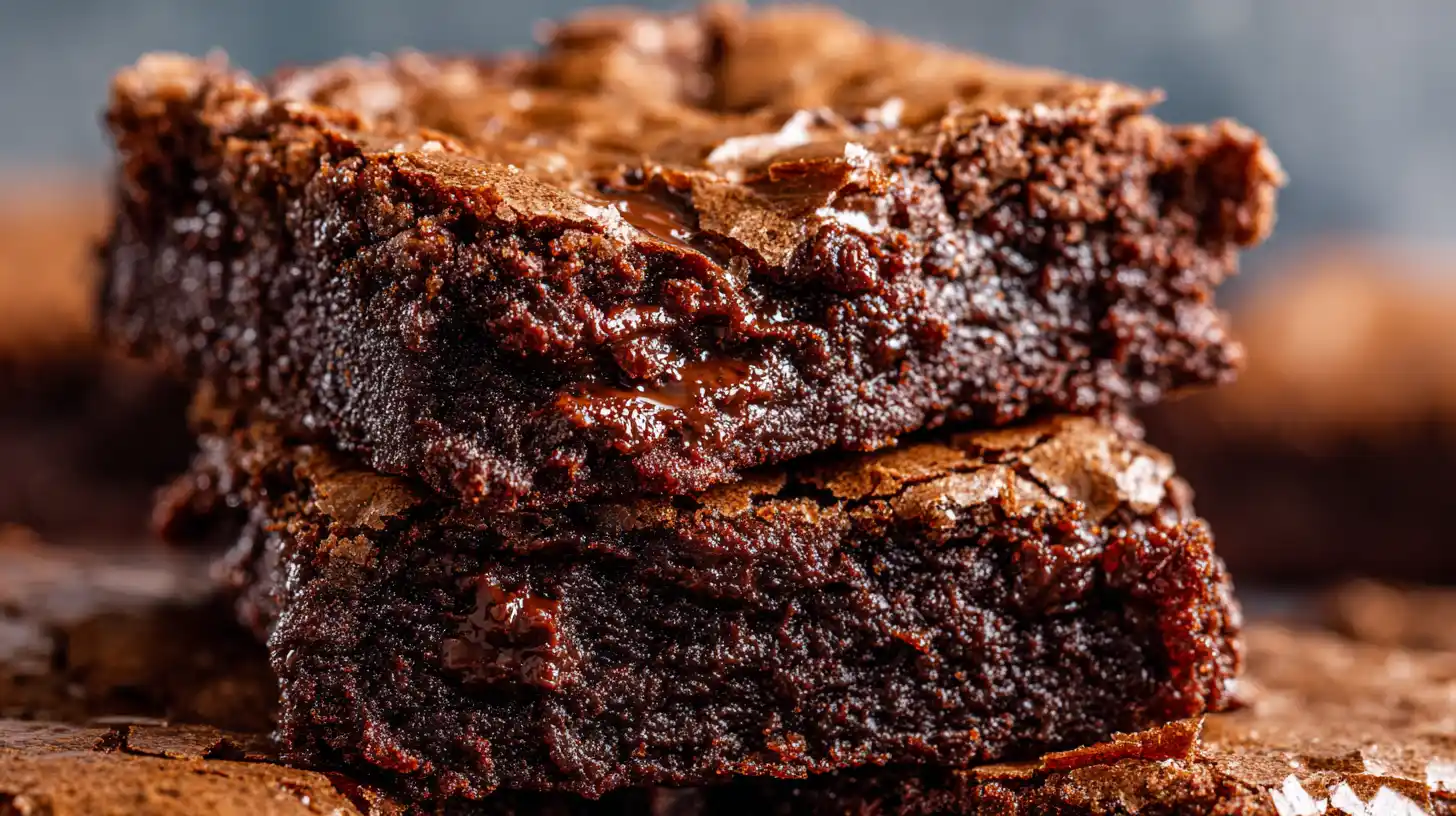 Stack of fudgy vegan brownies with shiny crackly top and chewy edges.
