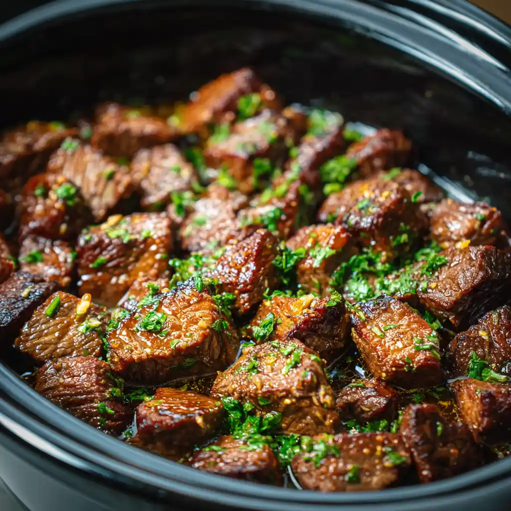 Close-up of slow-cooked steak bite cubes in a crockpot, browned and glazed in garlic butter with chopped parsley.