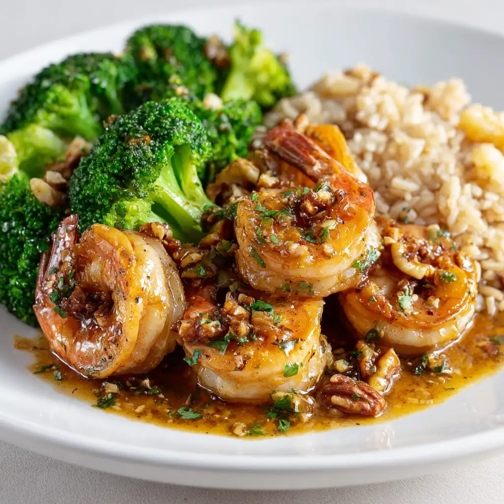 Lightened-up honey walnut shrimp served with broccoli and brown rice.
