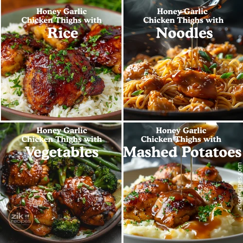 Collage in four squares showing honey-garlic chicken thighs served over rice, with noodles, with roasted vegetables, and over creamy mashed potatoes, with text labels on each panel.