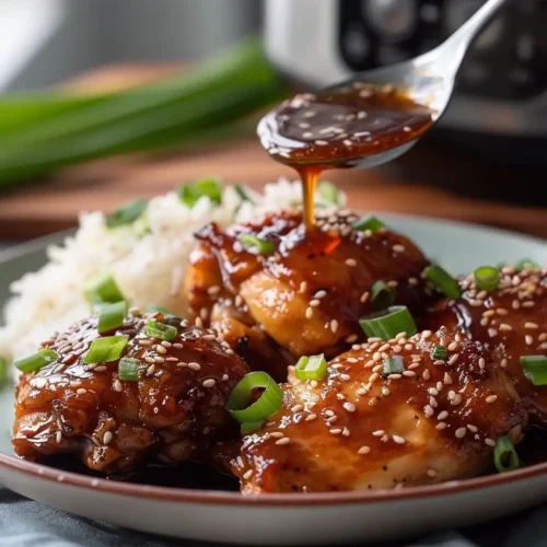 Spoon drizzling thick honey-garlic sauce over Instant Pot chicken thighs topped with sesame seeds and sliced green onions, with white rice on the side and the pressure cooker blurred in the background.