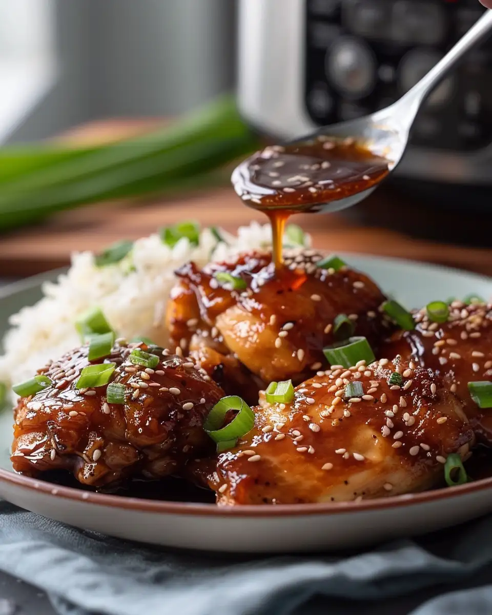 Spoon drizzling thick honey-garlic sauce over Instant Pot chicken thighs topped with sesame seeds and sliced green onions, with white rice on the side and the pressure cooker blurred in the background.