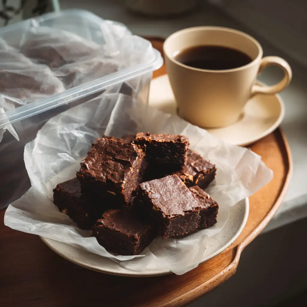 Vegan brownies wrapped for freezer storage and served after reheating