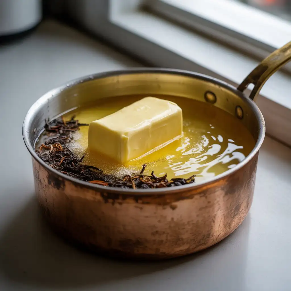 Butter infused with tea leaves in a saucepan.