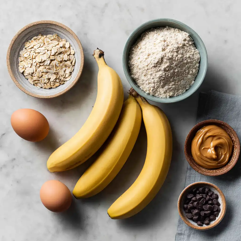 Bananas, eggs, and oat flour flat lay for banana muffins recipe.