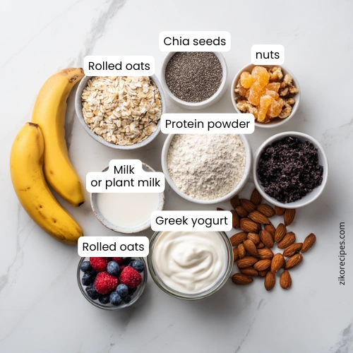 Flat lay of ingredients for protein overnight oats including oats, chia seeds, yogurt, milk, protein powder, and fruit.
