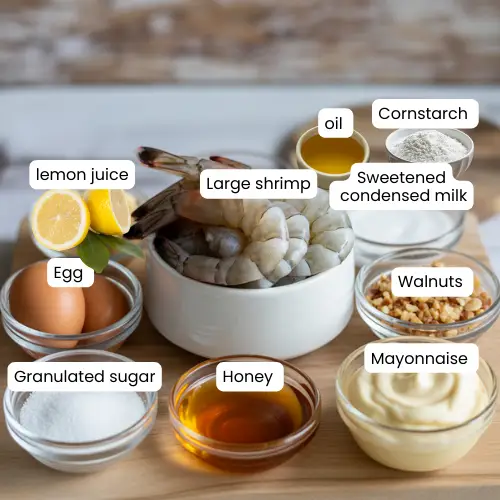 Flat lay of ingredients for honey walnut shrimp including shrimp, walnuts, honey, and mayo.