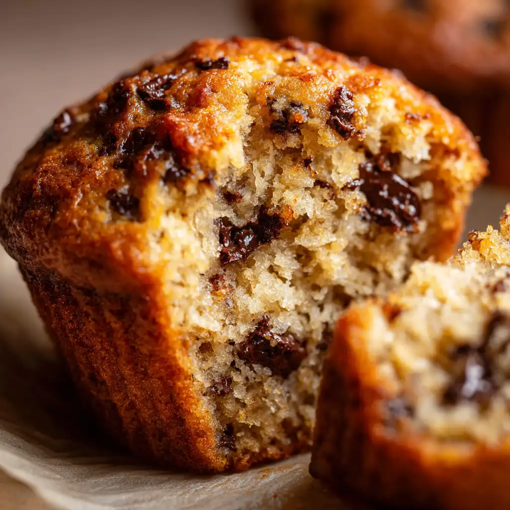 Moist fluffy banana muffin crumb with chocolate chips.