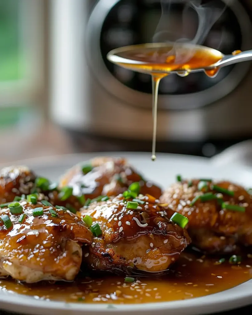 Instant Pot method: chicken thighs plated with thick honey-garlic sauce spooned on top.
