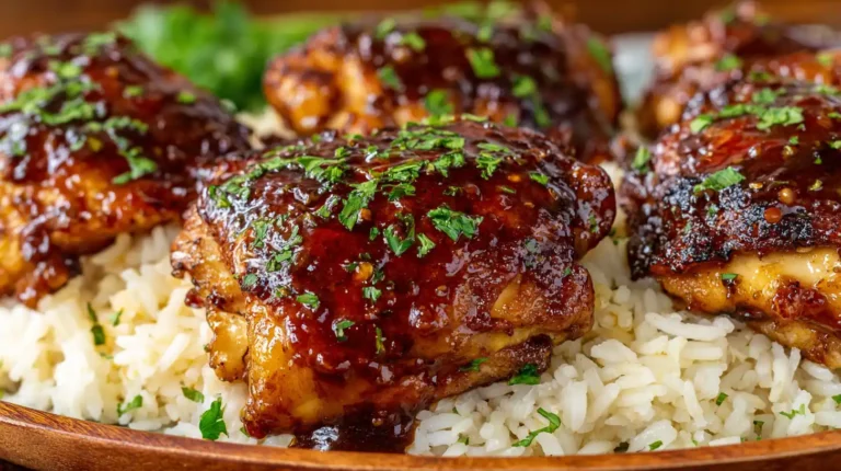 Close-up of glossy honey garlic chicken thighs over white rice, sprinkled with chopped parsley, showing a caramelized sticky glaze and crisp edges.