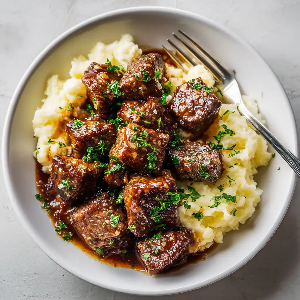 Crockpot steak bites served with mashed potatoes and parsley garnish.