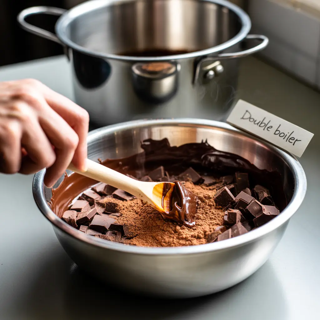 Bowl of chopped vegan chocolate and butter melting over a double boiler with cocoa powder ready to mix.