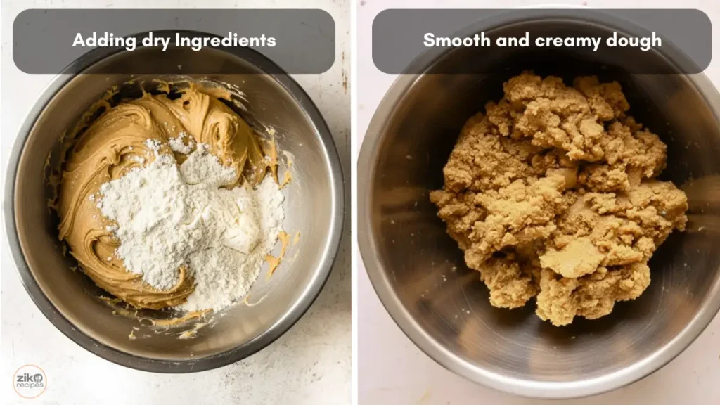 Adding flour, baking soda, and salt to creamed peanut butter mixture and blending into smooth cookie dough in a mixing bowl.
