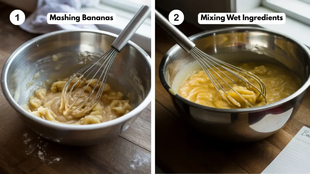 Mashed ripe bananas in a mixing bowl, and Bowl of mashed bananas, oil, and sugar being mixed