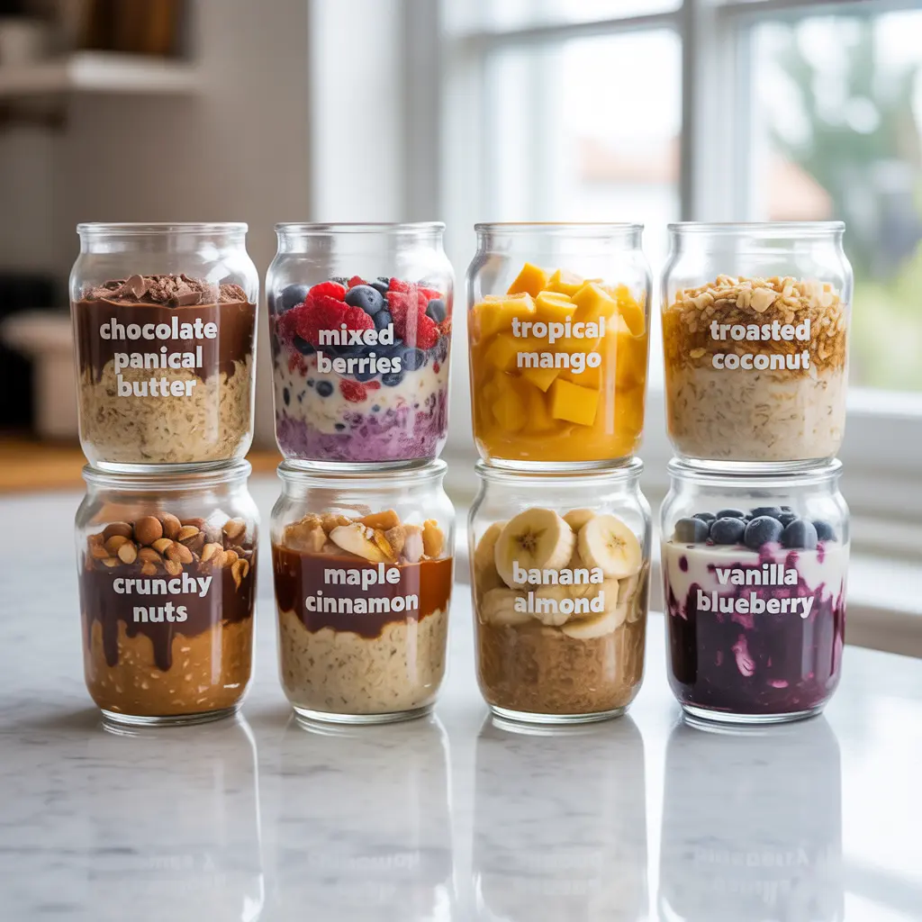 Collage of smoothie bowl, savory oatmeal, and egg muffins as high protein breakfasts.