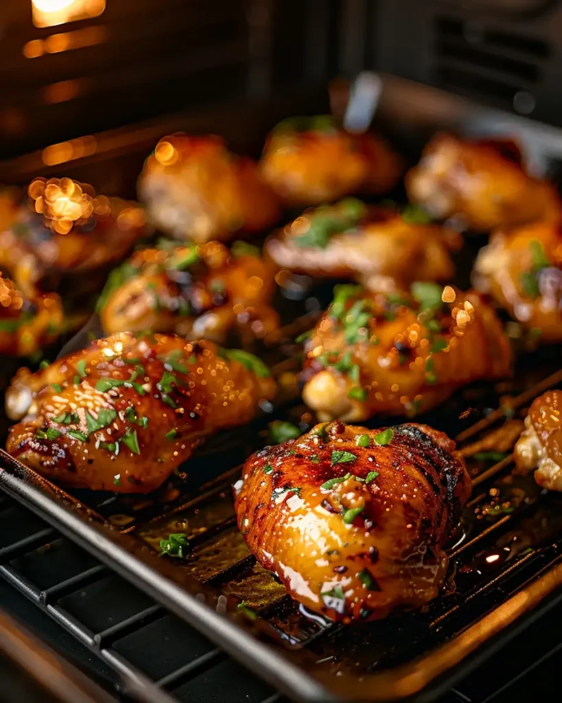 Oven method: chicken thighs under the broiler as the honey-garlic glaze bubbles and caramelizes.