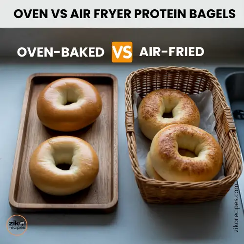 Comparison of oven-baked protein bagels with golden crust and air fryer protein bagels with crisp surface.