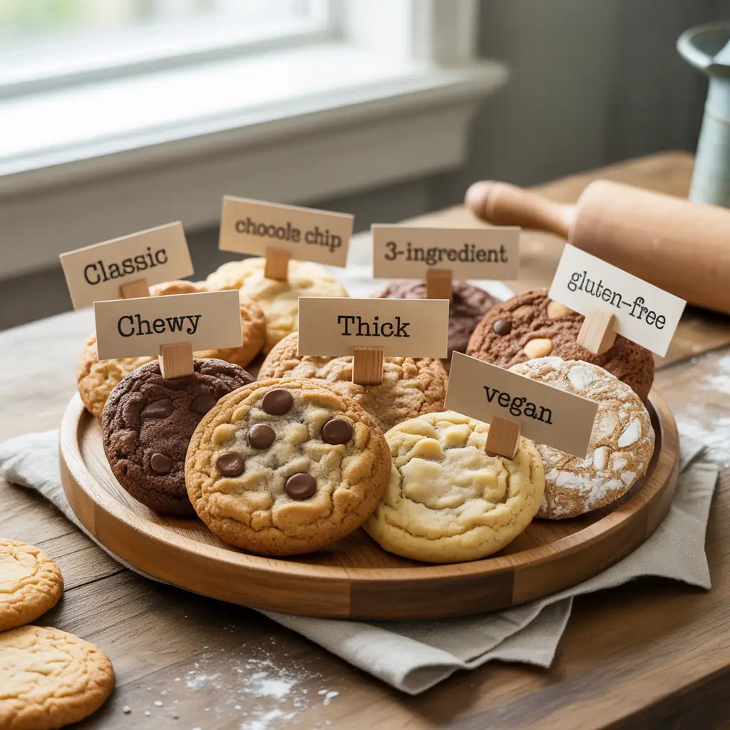 Assorted butter cookie variations displayed on a tray, including chewy, thick, chocolate chip, and 3-ingredient cookies.
