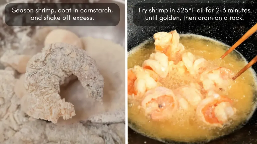 Shrimp coated in cornstarch and frying in hot oil.
