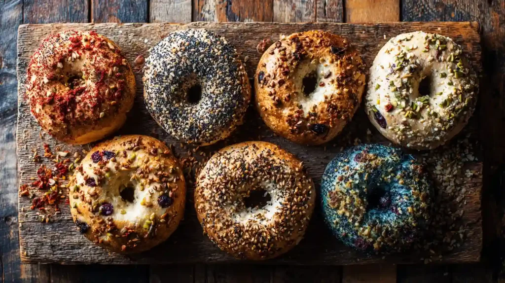 Lineup of six protein bagels with toppings including everything seasoning, asiago-jalapeño, cinnamon raisin, and blueberry.