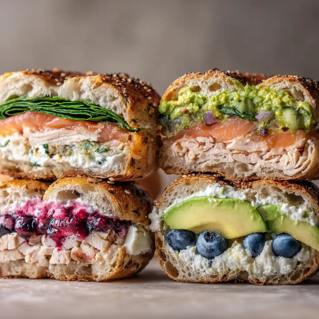 Cross-sections of protein bagel sandwiches filled with eggs, salmon, turkey, and blueberries.