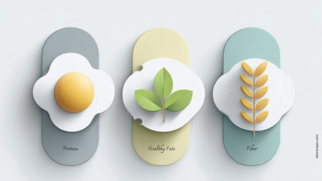 Mini infographic with three icons labeled protein, fiber, and healthy fats highlighting the benefits of overnight oats.