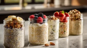 Glass jars of high protein overnight oats with fruit and nuts on a wooden table.