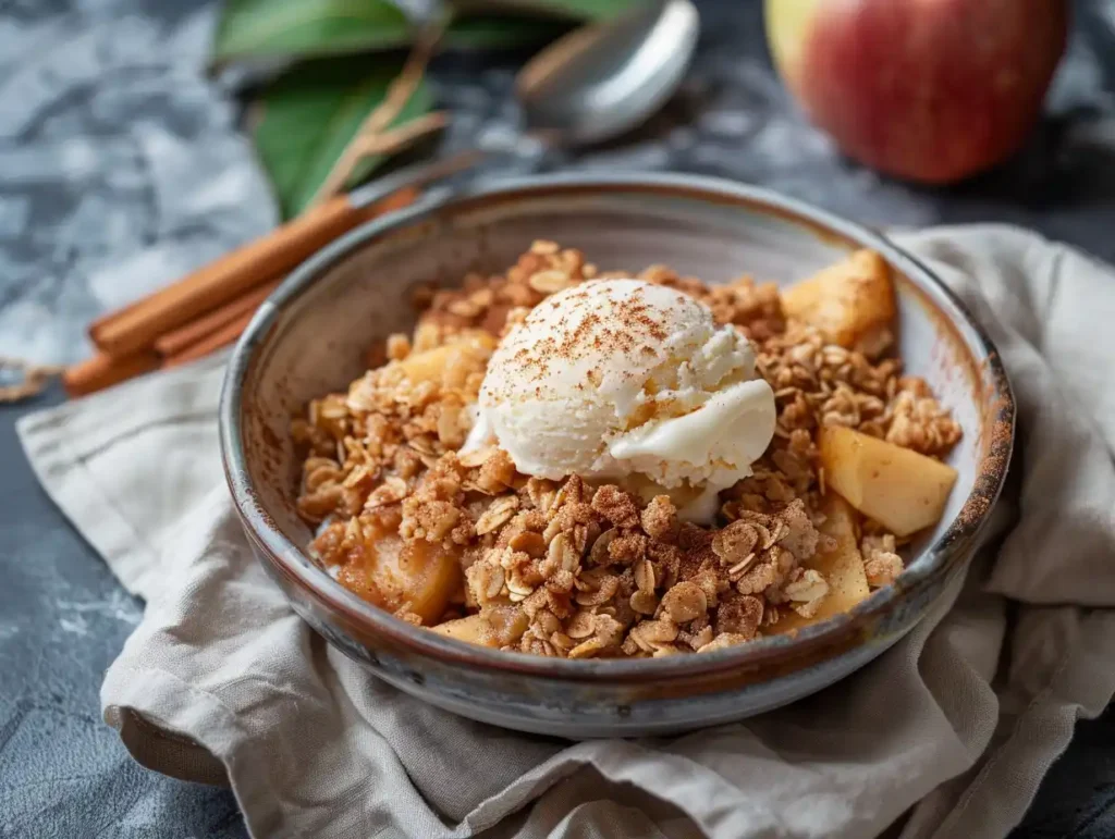 Bowl of apple crisp topped with melting vanilla ice cream.