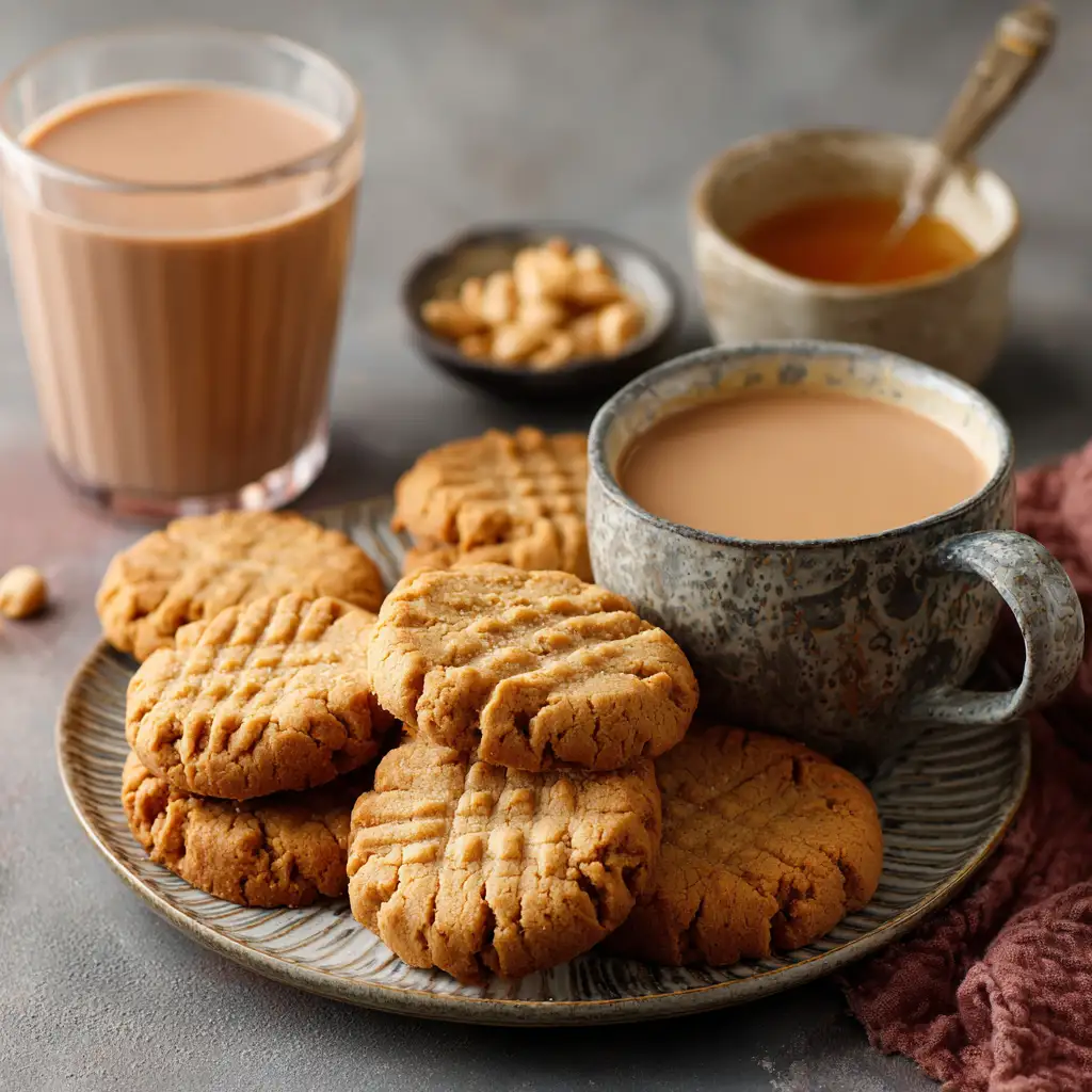 Peanut butter cookies served with milk, smoothies, and tea.