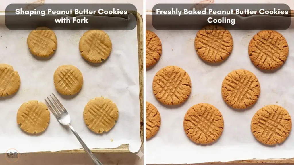 Fork pressing crisscross pattern into peanut butter cookie dough balls on baking sheet, followed by freshly baked cookies cooling on parchment paper.