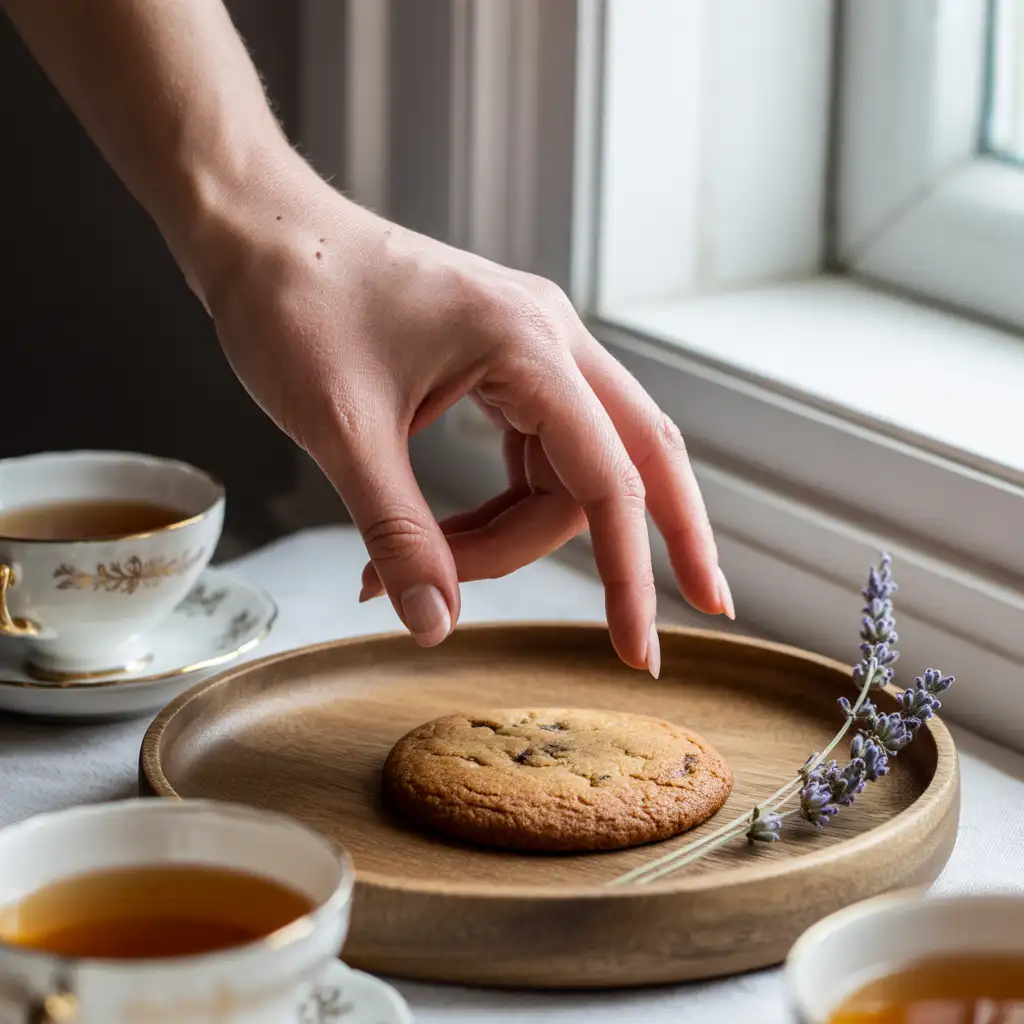 Hand picking up Earl Grey cookie from serving plate