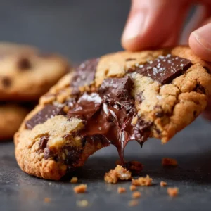 Hand breaking warm vegan chocolate chip cookie with melted chocolate.