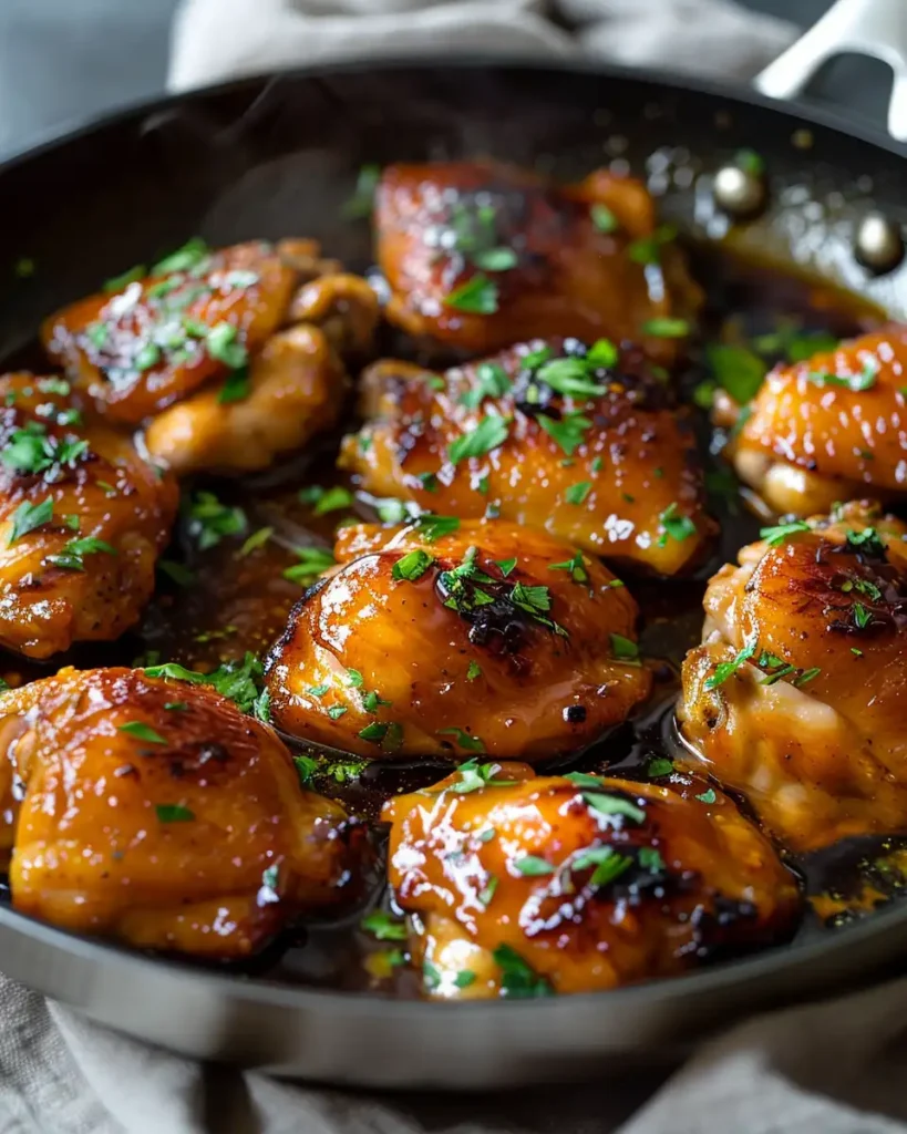 Skillet method: chicken thighs finished in a hot pan as the honey-garlic glaze bubbles and thickens.