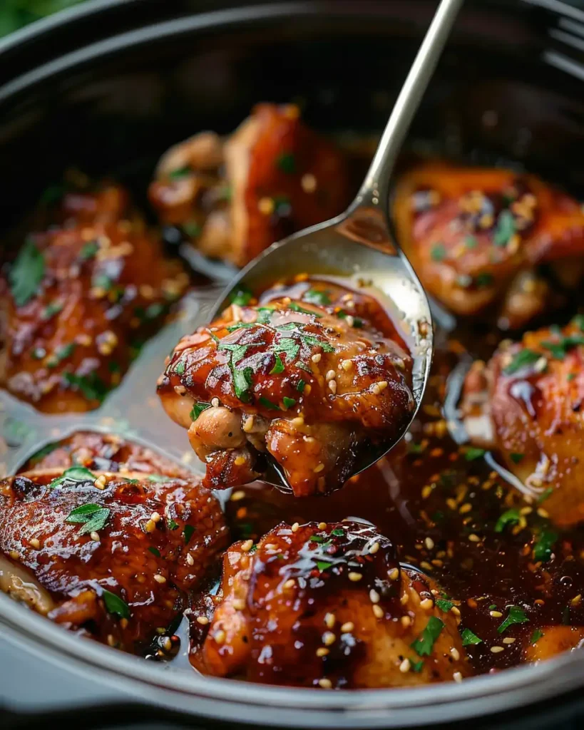 Slow cooker method: chicken thighs basted with thick honey-garlic sauce directly in the crockpot.