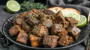 Tender steak bites cooked in crockpot with garlic butter and parsley.