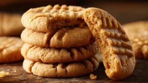 Stack of chewy peanut butter cookies with fork marks and one broken cookie showing the soft inside