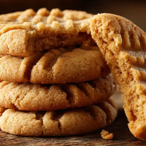 Stack of chewy peanut butter cookies with fork marks and one broken cookie showing the soft inside