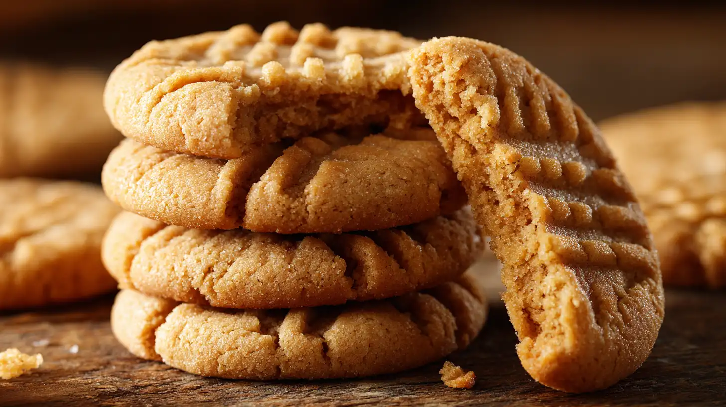 Stack of chewy peanut butter cookies with fork marks and one broken cookie showing the soft inside