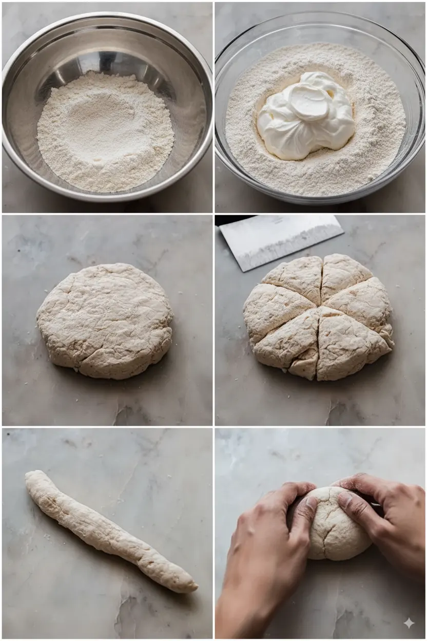 Step-by-Step Protein Bagel Dough Preparation Collage showing six steps of making protein bagels: flour in a bowl, adding Greek yogurt, kneaded dough, dough divided, shaped rope, and hands forming a bagel.