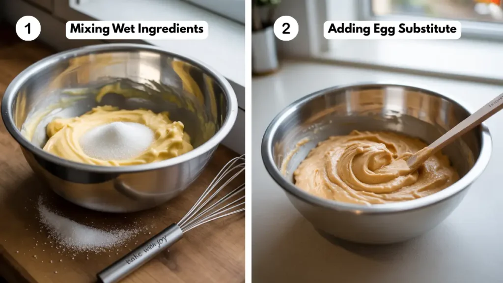 Mixing wet ingredients and adding egg substitute while preparing vegan chocolate chip cookie dough in stainless steel bowls.